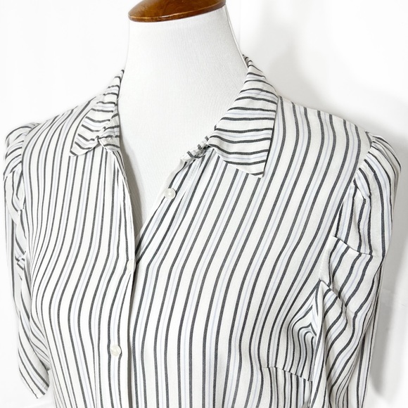 1. State White Pinstripe Tie Waist Asymmetrical High Low Short Sleeve Shittdress - Picture 3 of 12
